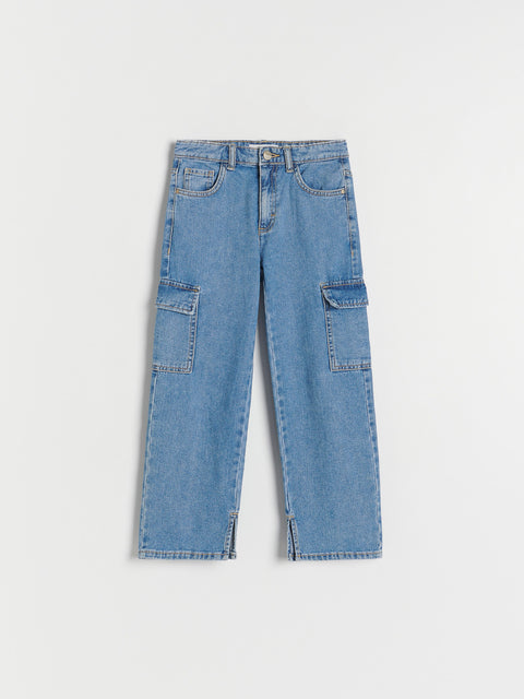 Light blue denim cargo pants on a white background