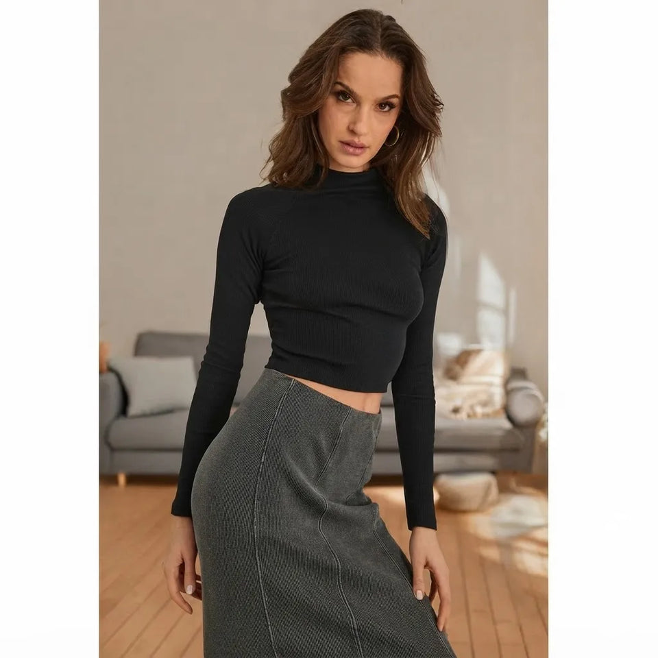 Sinsay Women's Black Form Fitting Ribbed Fabric Design Mock Neck Blouse