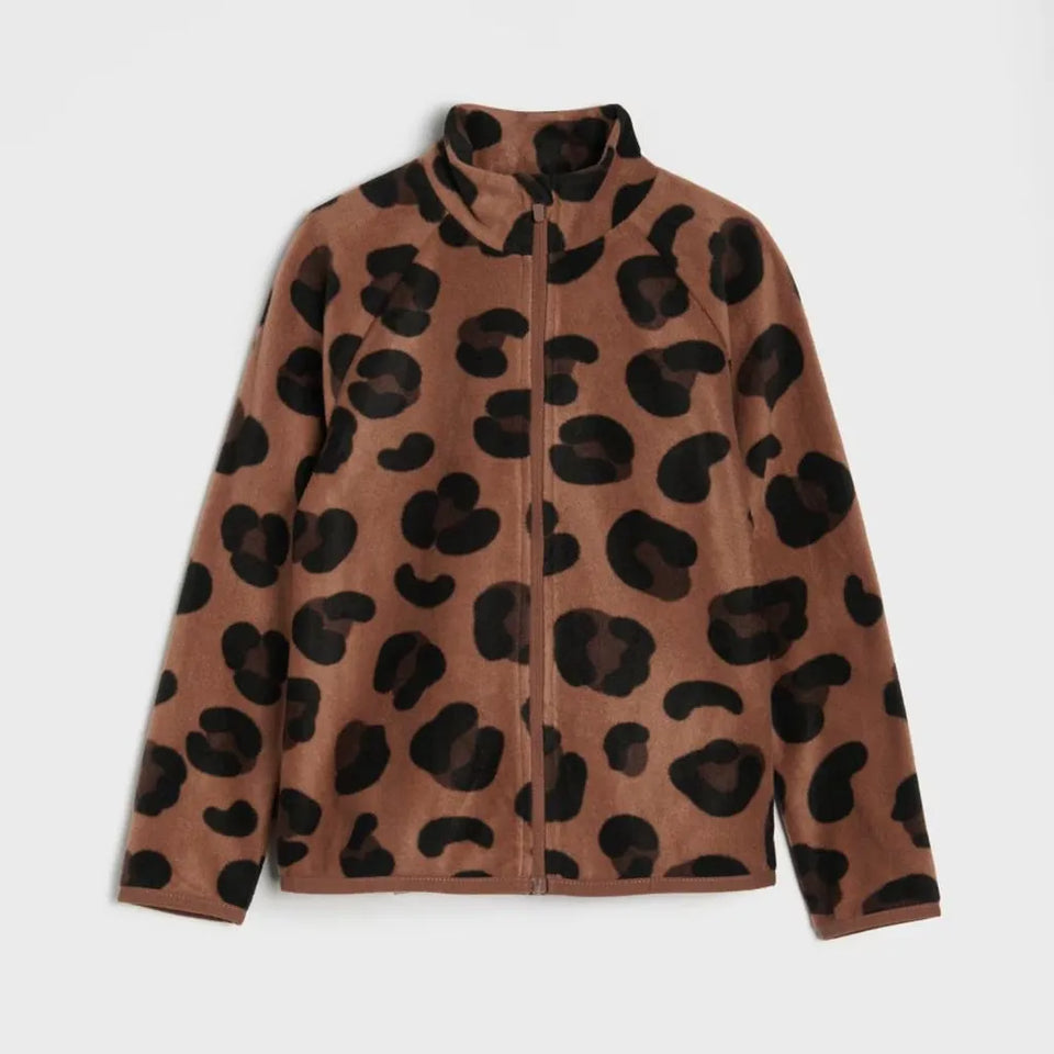 A brown fleece jacket with a black leopard print pattern, featuring a mock neck collar and a front zipper, shown against a light gray background.