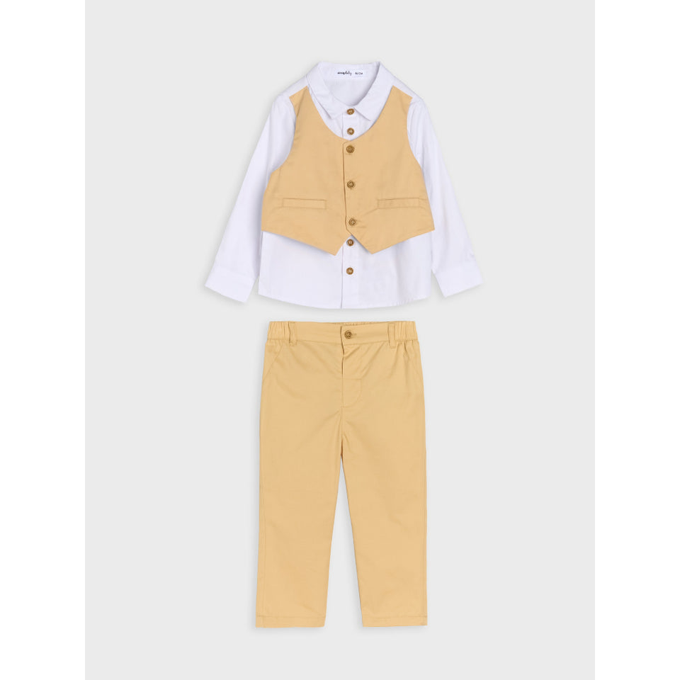 A three-piece boys' formal outfit set featuring a white long-sleeve button-up shirt, a mustard yellow vest, and matching mustard yellow trousers, laid flat on a light gray background.