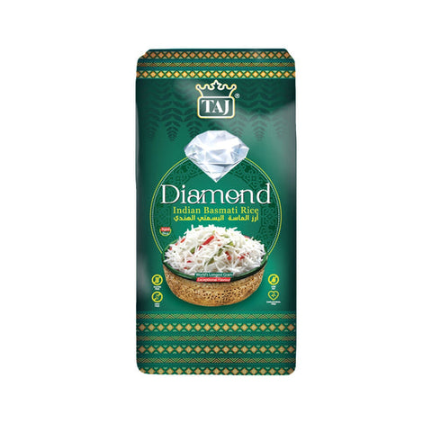 A package of Taj Diamond Indian Basmati Rice featuring the brand logo, product name, and an image of the rice grains.