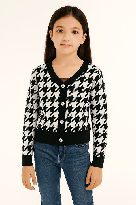 Beautees Girl's Soft Knit Houndstooth Long Sleeve Faux Button-Front Blouse | Beautees In Lebanon