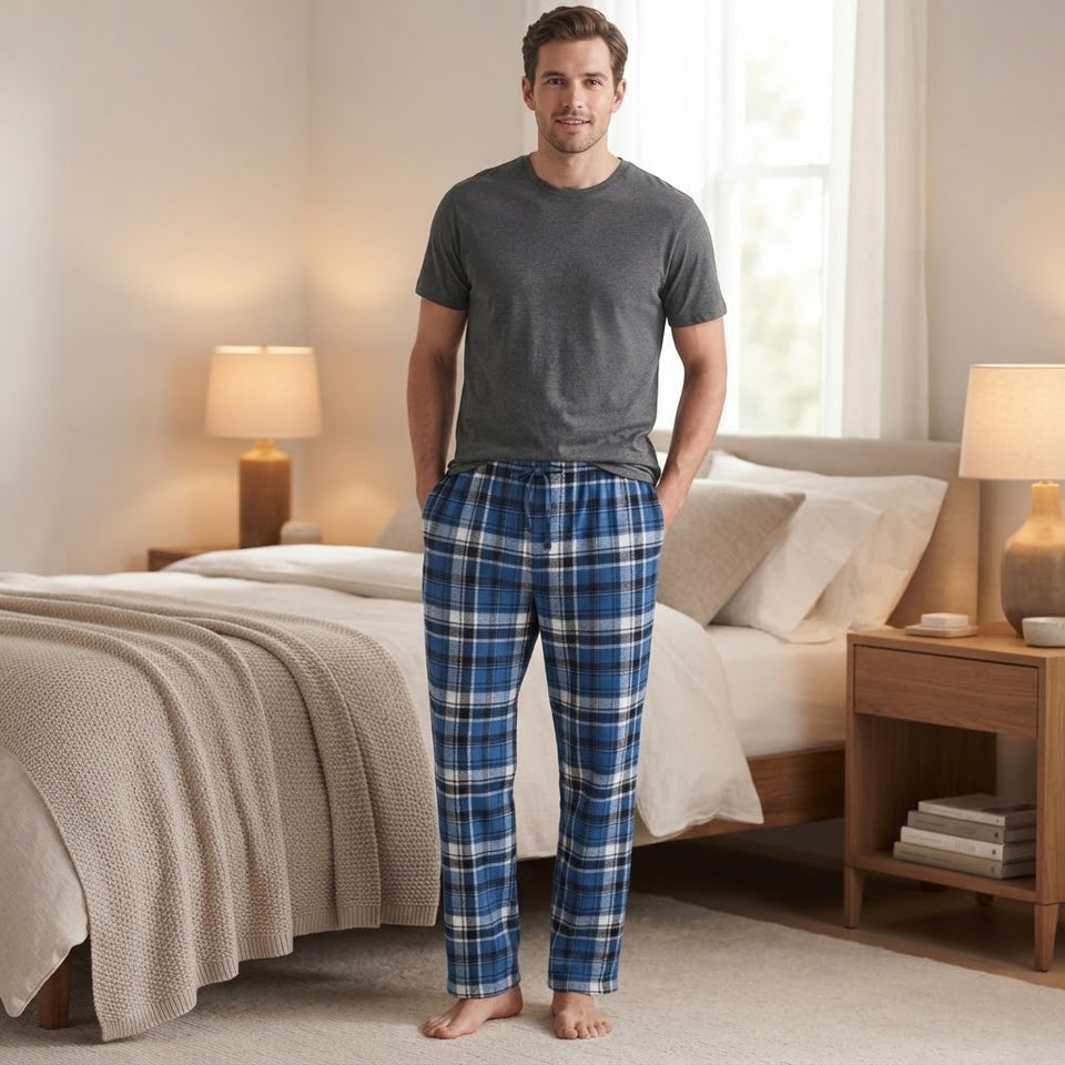Hanes Men's Light & Dark Blue Plaid Flannel Pajama Bottom