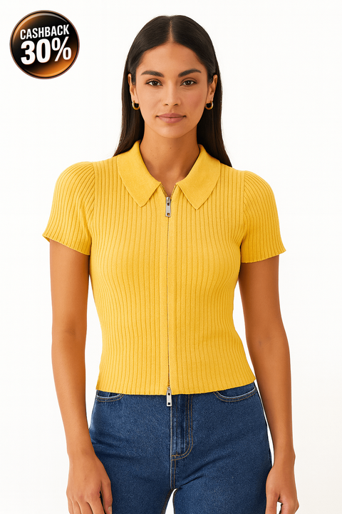 Forever 21 Women's Yellow Ribbed Short Sleeve Zippered Blouse | Forever 21 In Lebanon