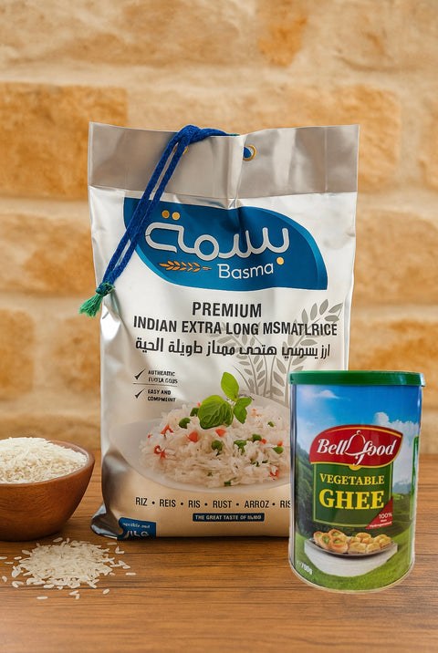 Basma rice packaging and Bell Food vegetable ghee on a wooden surface with a rustic background