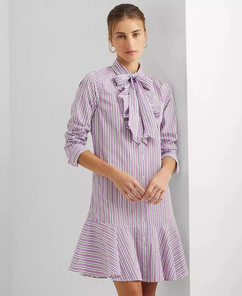 Lauren Ralph Lauren Women's Multicolor Striped Broadcloth Tie-Neck Shirtdress |Lauren Ralph Lauren In Lebanon
