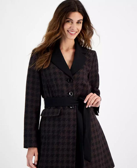 Le Suit Women's Brown/Black Petite Houndstooth Pattern Belted Trench Coat | Le Suit In Lebanon