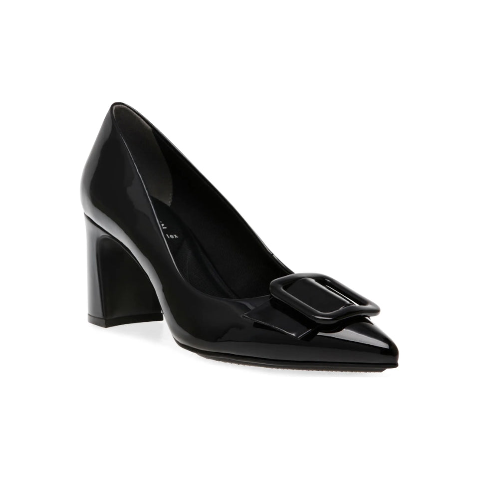 A single black patent leather pump with a block heel and a decorative square buckle detail on the toe, shown against a plain white background.