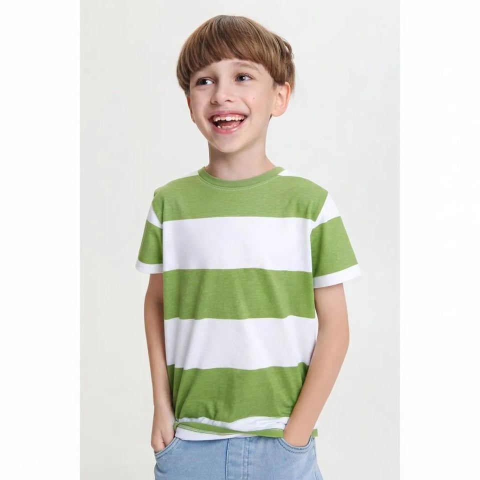 Sinsay Boy's White & Green Horizontal Stripes Crew Neckline T-Shirt