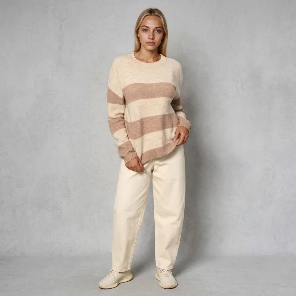 Sinsay Women's Beige Stripped Color Block Knit Sweater