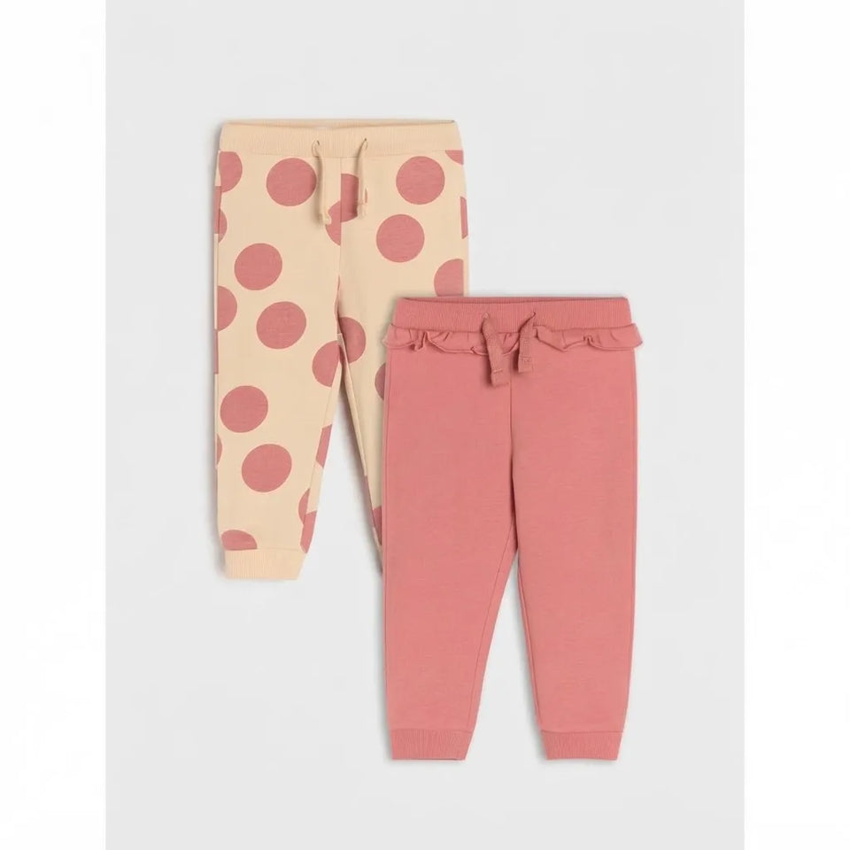 Sinsay Baby Girl's Pink Ruffled and Cream Polka Dots Elasticated Waist 2-Pack Sweatpants