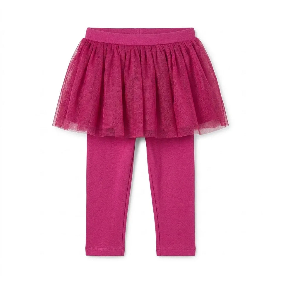 A toddler girl's two-piece outfit featuring bright magenta pink leggings and a matching ruffled tulle tutu skirt, displayed flat against a solid white background.
