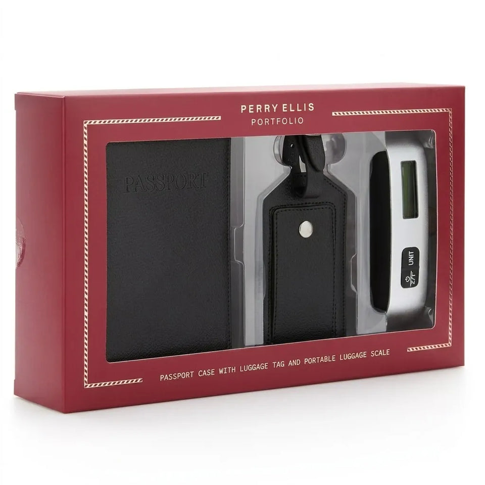 Perry Ellis Portfolio gift set in a red box, containing a black leather passport case, a black luggage tag, and a silver-and-black portable luggage scale visible through a clear window.