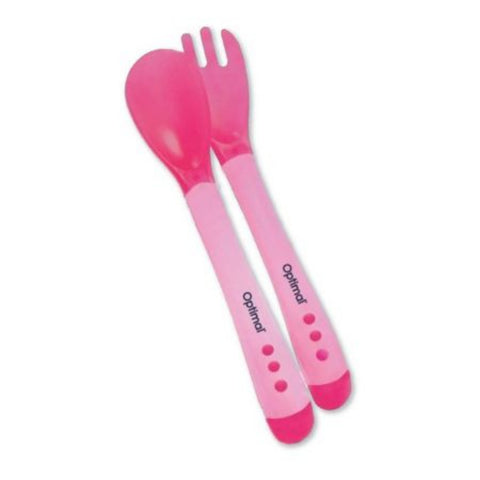 Pink spoon and fork set with 'Optima' branding on a white background