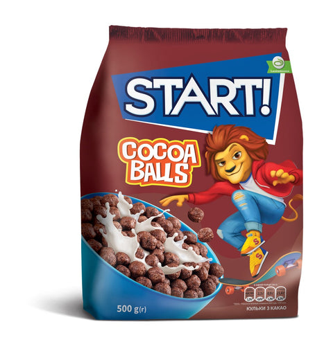 Bag of Start! Cocoa Balls cereal with a cartoon character on a white background