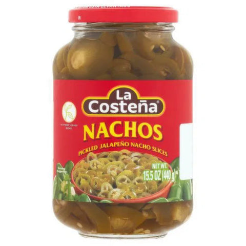 Jar of La Costena nachos pickled jalapeno slices on a white background