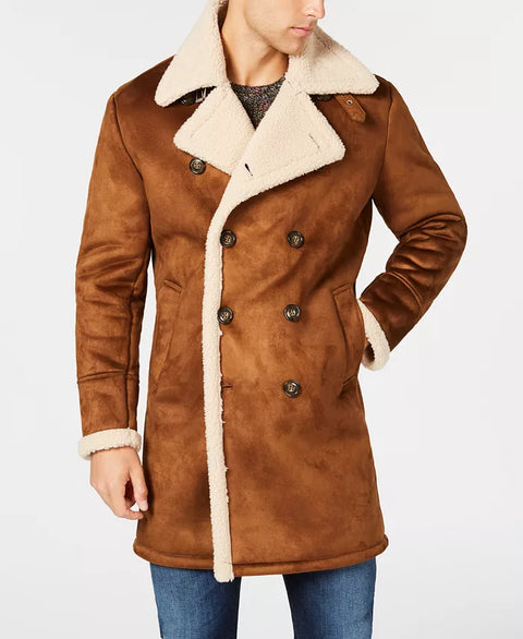 Guess Men's Cognac Faux-Shearling Overcoat | Guess In Lebanon