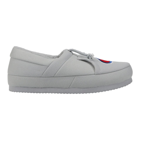 Gray slip-on shoe with a colorful logo on a white background