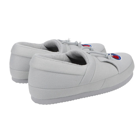 Gray slip-on shoes with a logo on a white background