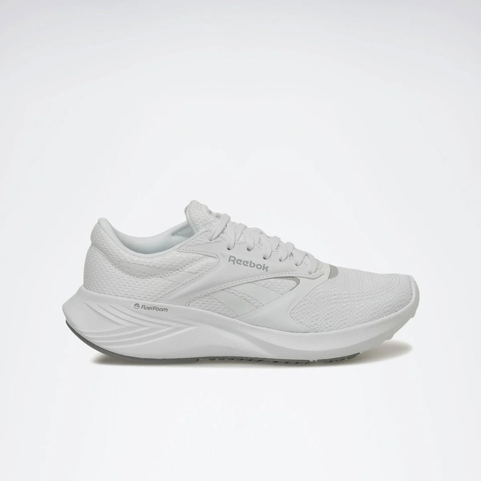 A Reebok running shoe in white, shown from a side profile view against a clean white background.