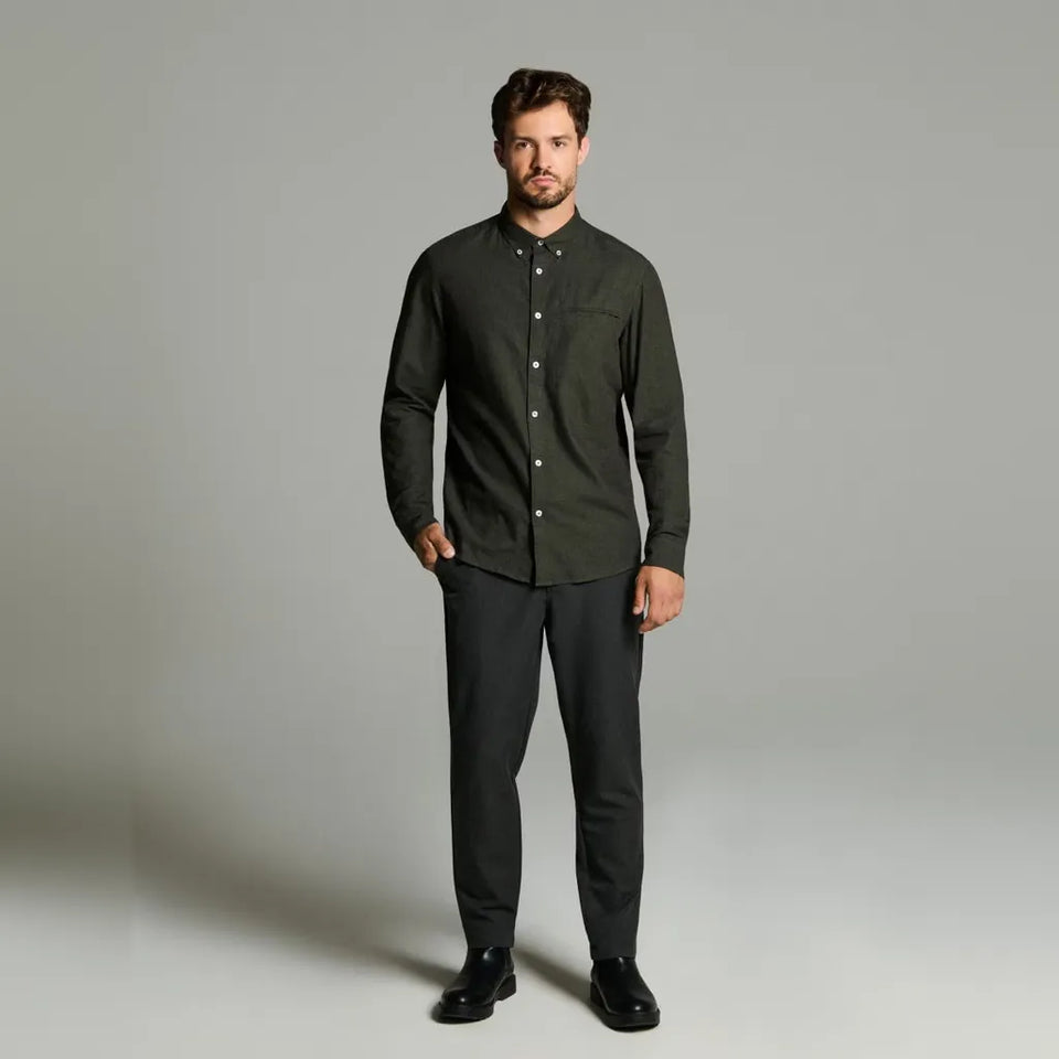 Sinsay Men's Dark Olive Regular-Fit Long-Sleeved Shirt