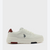 A low-top sneaker in off-white leather with a dark red heel tab, a navy blue embroidered polo player logo on the side, and a black accent on the midsole, shown against a light gray background.