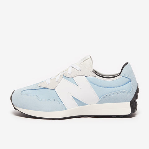 Light blue sneaker with white accents on a white background