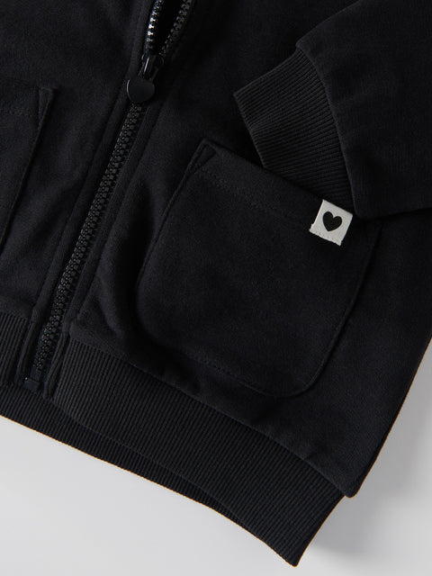 Black jacket with a heart logo on a white background