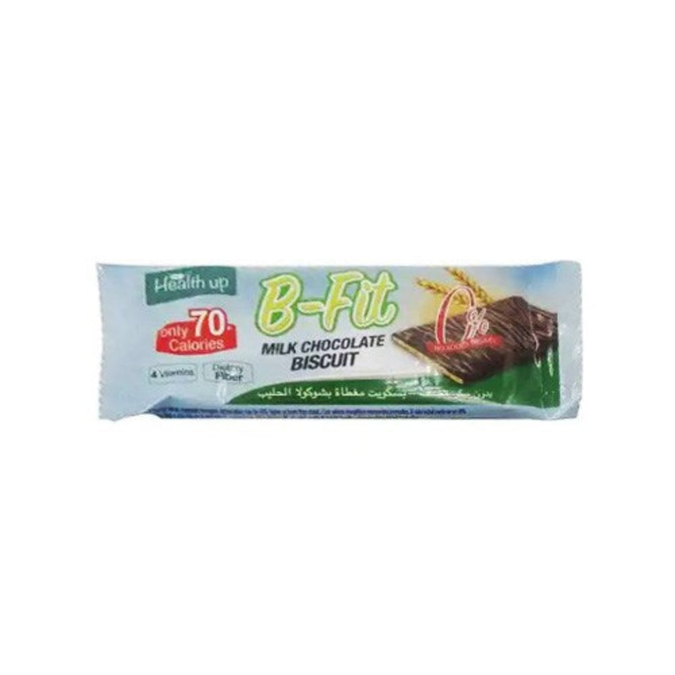 Health Up B-Fit Milk Chocolate Biscuit packaging showing the product and its features like '70 Calories', 'No Added Sugar', and the brand logo.