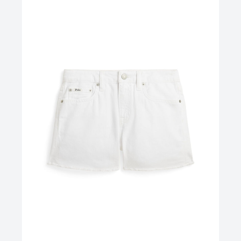 White denim shorts with a faded wash, featuring classic five-pocket styling, a button closure, and belt loops, shown flat on a white background.