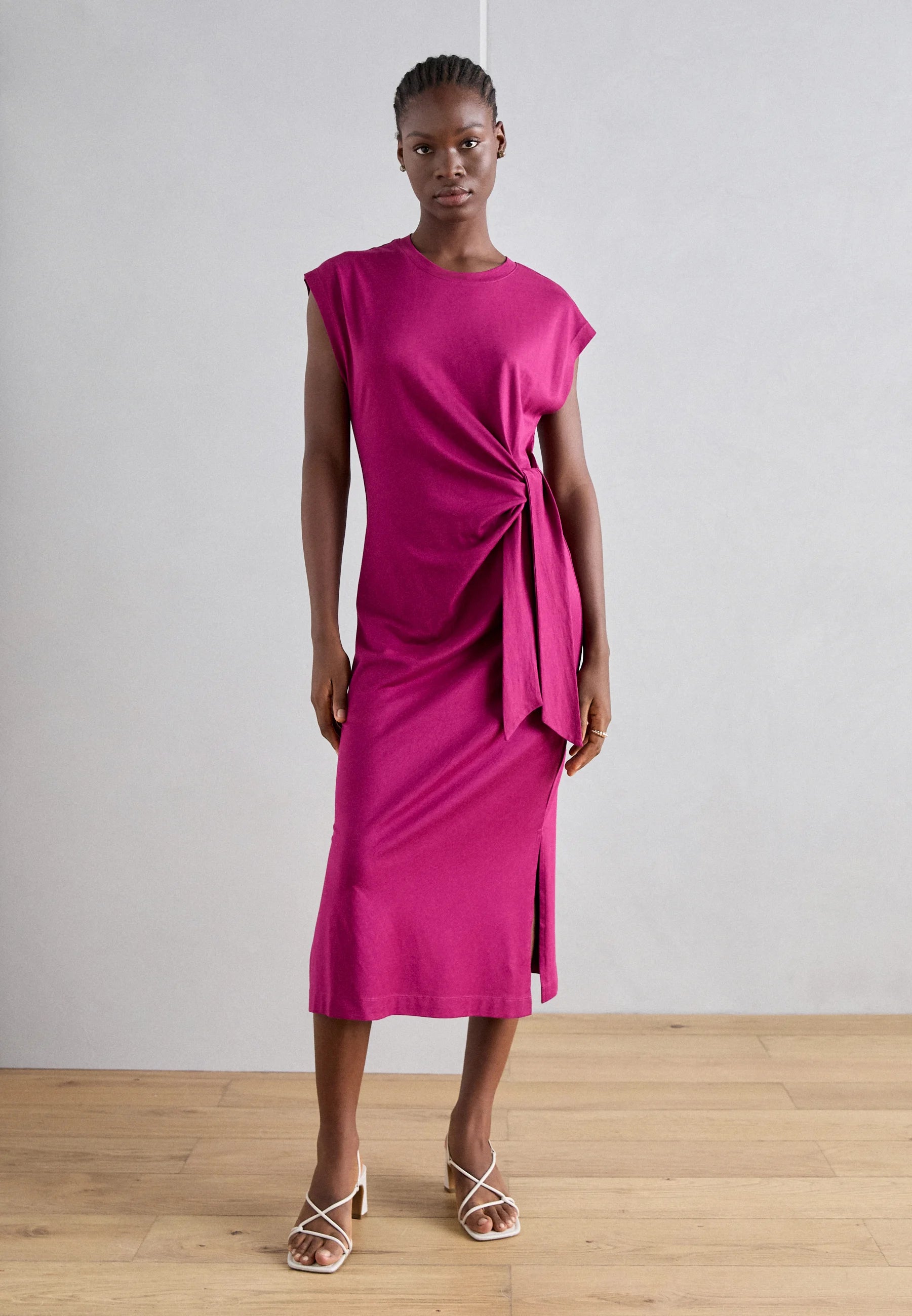 Connected Apparel Women’s Fuschia Faux Wrap Ruched  Dress | Connected Apparel in Lebanon