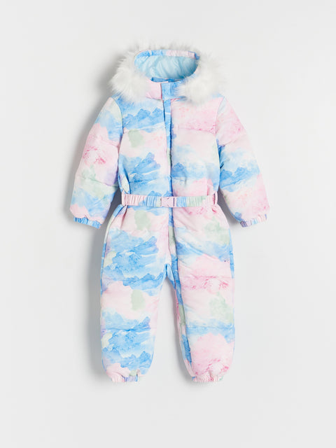 Multicolored snowsuit with a watercolor pattern on a light gray background