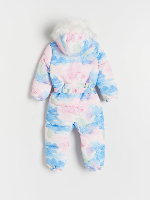 Pastel tie-dye baby snowsuit on a white background