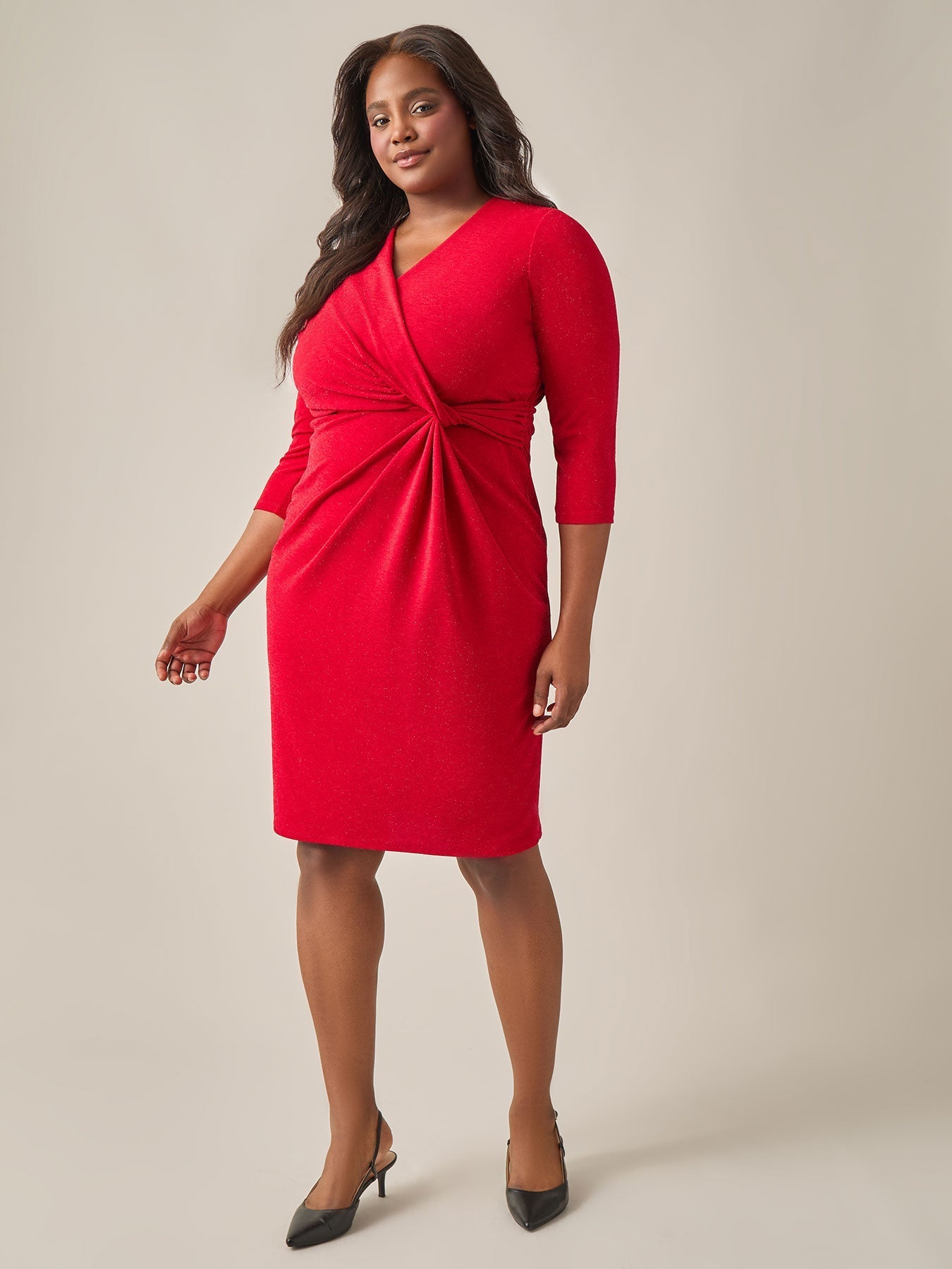 Kasper Women's Red Twist Front 3/4 Sleeve Glitter Sheath Dress | Kasper In Lebanon