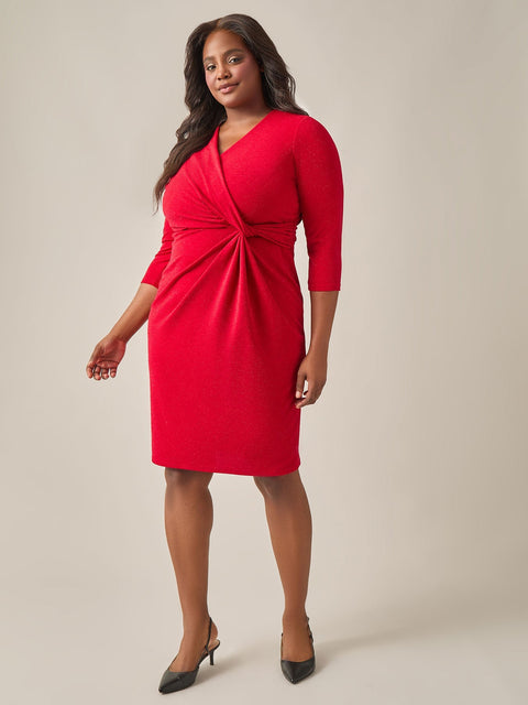 Kasper Women's Red Twist Front 3/4 Sleeve Glitter Sheath Dress | Kasper In Lebanon