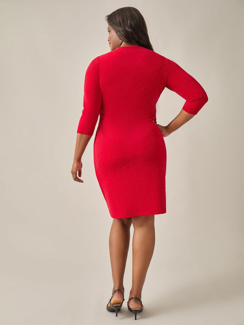 Kasper Women's Red Twist Front 3/4 Sleeve Glitter Sheath Dress | Kasper In Lebanon