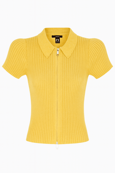 Forever 21 Women's Yellow Ribbed Short Sleeve Zippered Blouse | Forever 21 In Lebanon