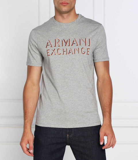 Person wearing a gray Armani Exchange t-shirt against a white background