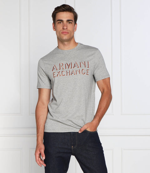 Man wearing a gray Armani Exchange t-shirt against a white background