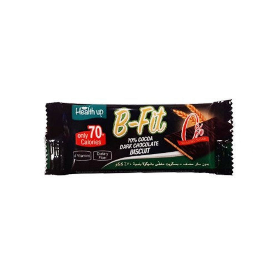 Health Up B-Fit 70% Dark Chocolate biscuit packaging showing the product name and the cocoa percentage