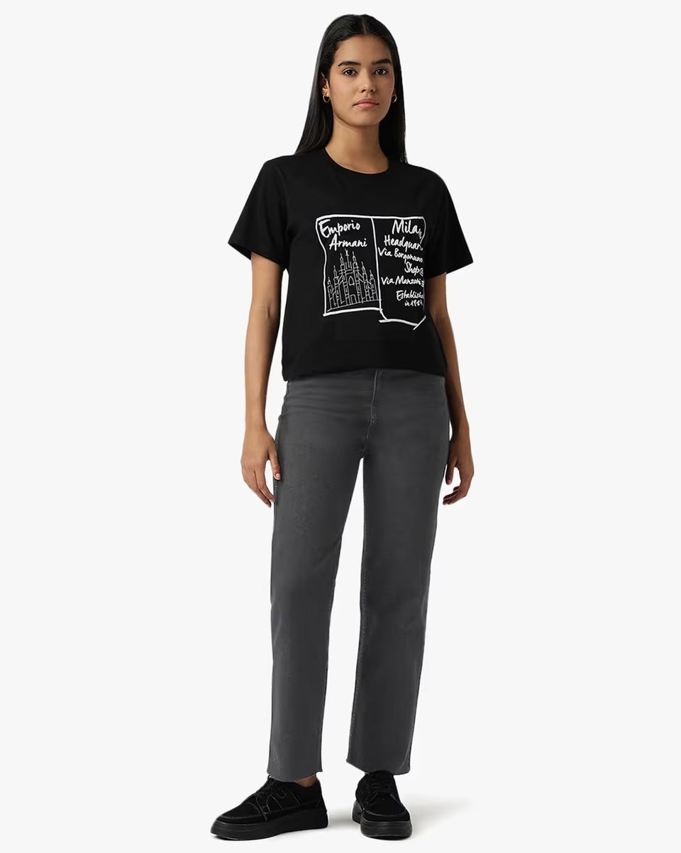 Emporio Armani Women's Black Regular Fit Cotton Crew-Neck T-Shirt | Emporio Armani In Lebanon