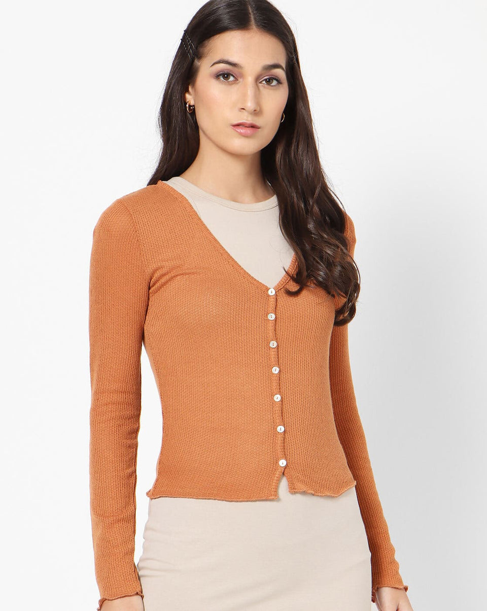 Hailys Women's Ribbed Copper Buttoned Blouse | Hailys In Lebanon