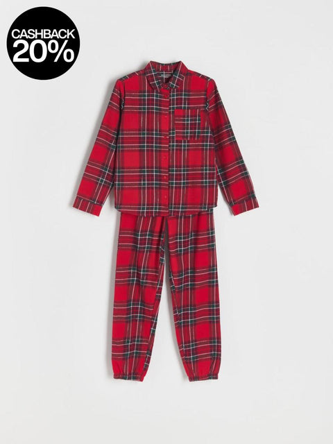 Red plaid pajama set on a white background