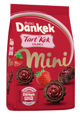 Packaging of Ulker Dankek Mini Strawberry Cake 150g showing the product name, images of strawberries and chocolate pieces, and the weight.