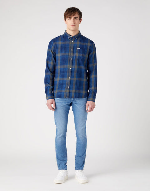 Wrangler Men's Navy & Gray Checkered 1 Pocket Button Down Long Sleeve Shirt | Wrangler In Lebanon
