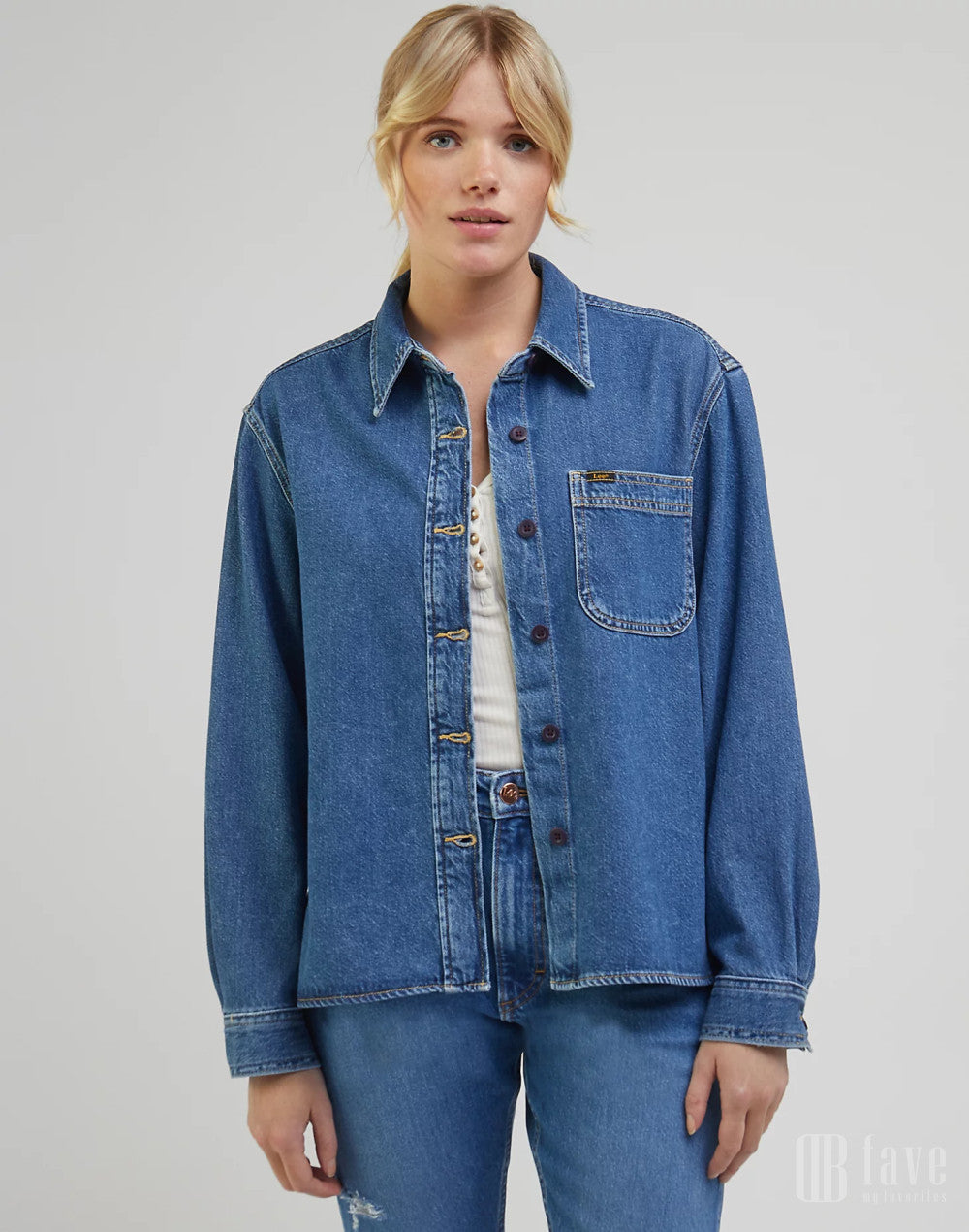 Lee Women's Mid Blue Denim Seasonal Button Down Shirt | Lee In Lebanon