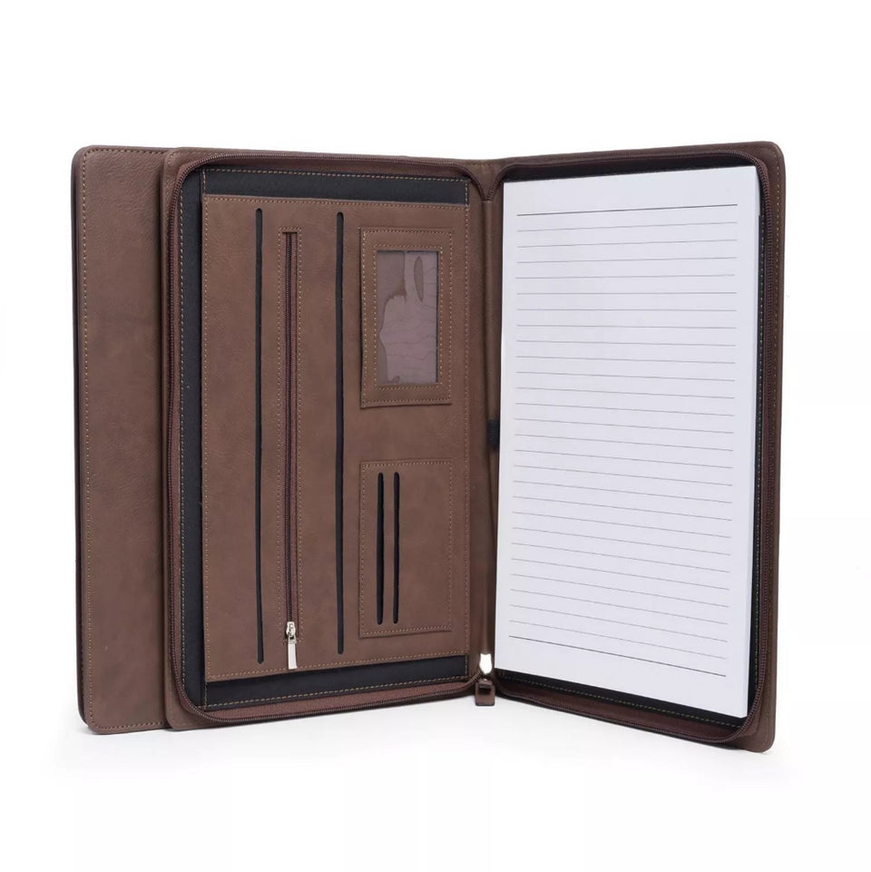A brown faux-leather organizer case shown open, featuring internal card slots, a small ID window, and a lined notepad on the right page, set against a plain white background.