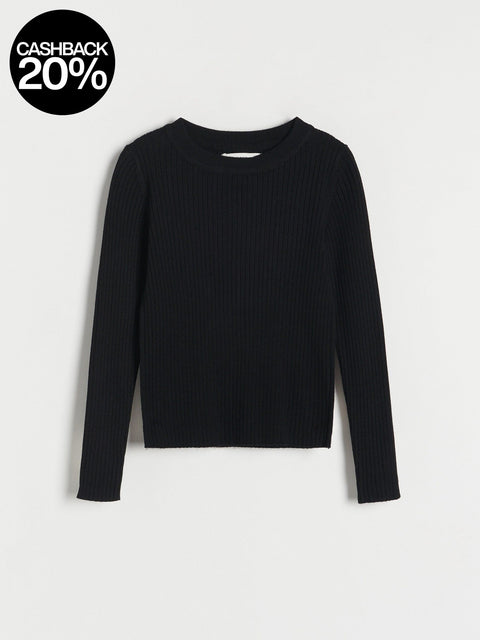 Black ribbed sweater on a light gray background