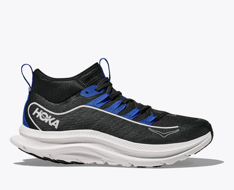 Black and blue running shoe with white sole on a white background