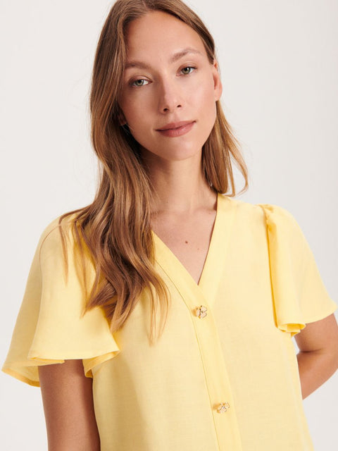 Reserved Women's Yellow Ruffle Sleeve Buttoned Mini Dress |Reserved In Lebanon
